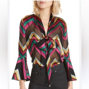Alice + Olivia Meredith Silk Blend Chevron Blouse Sheer Bow Tie Neck Statement